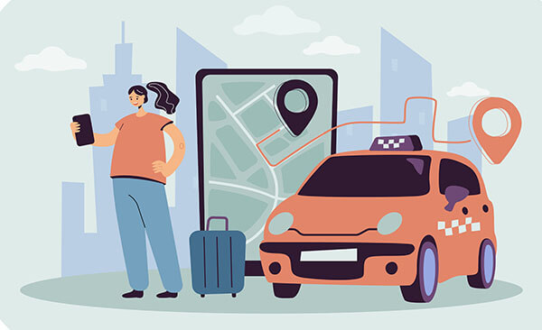 Girl boarding a taxi for a long distance vacation trip.