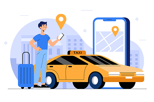 Taxi cab illustration in Melbourne with person booking online